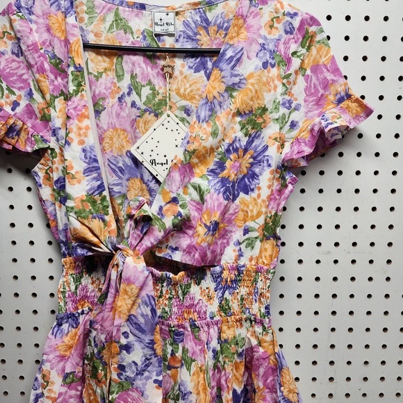 ✨‎ ANGEL BIBA White Floral Boho Babydoll Wrap Mini Dress – 100% Cotton, Size 8, - Picture 5 of 12
